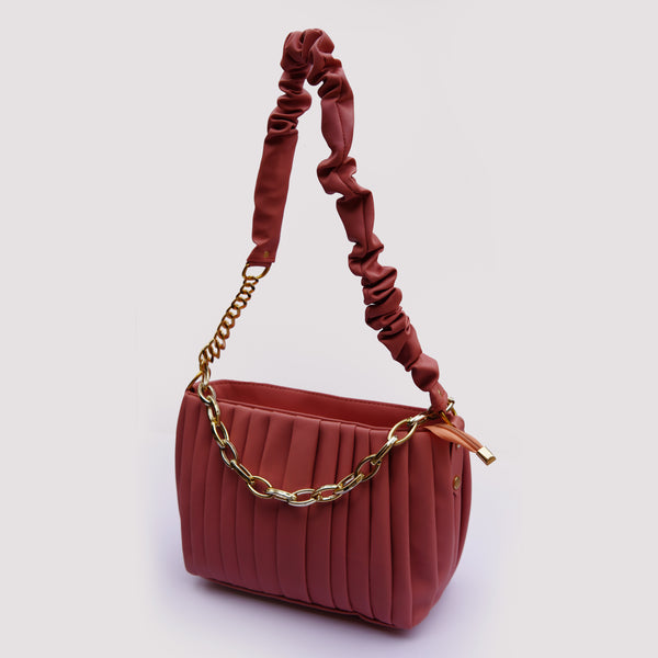 Pleated Rose Pink Shoulder Bag with Chain Detail