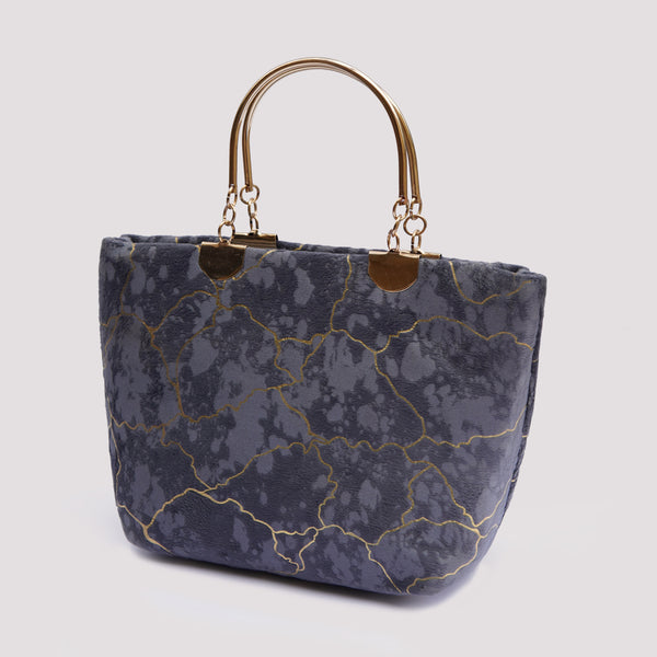 Elegant Velvet Navy & Gold Handbag with Metal Handles