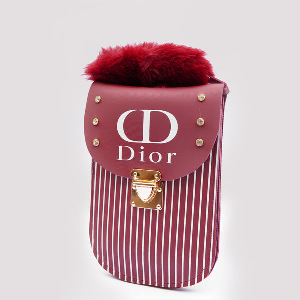 Burgundy Striped Mini Sling – Dior-Inspired Fur-Trim Bag