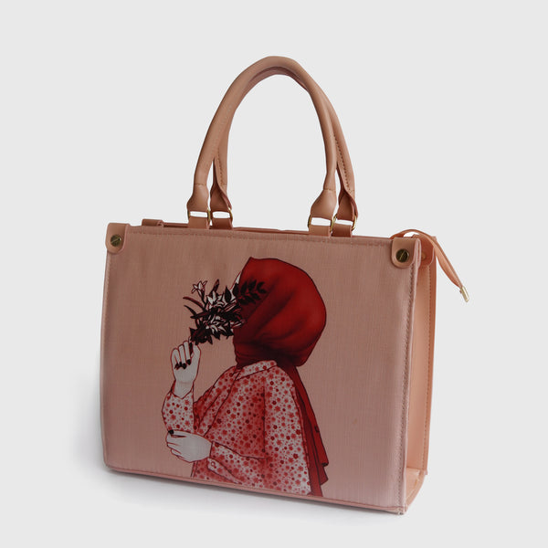 Blush Pink Printed Tote Bag with Hijabi Illustration
