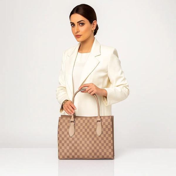 Beige Check Tote Bag