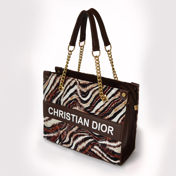 Christian Dior Inspired Zebra Print Tote with Gold Chain Straps