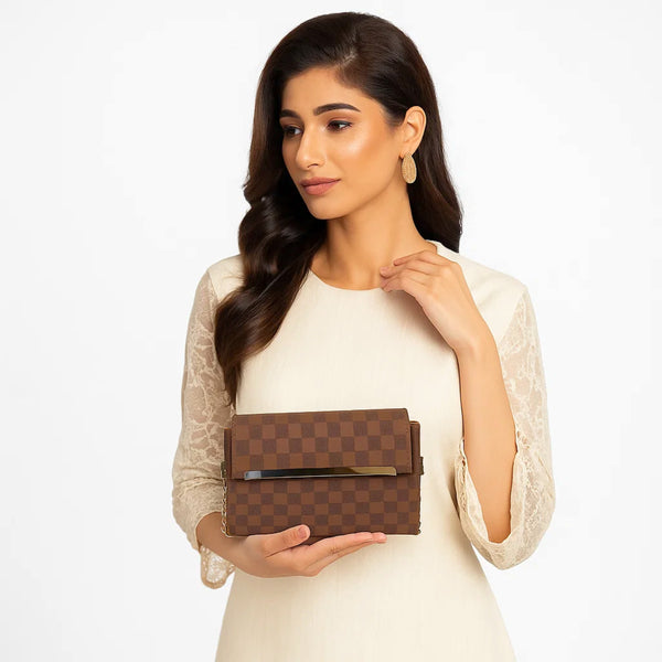 Brown Checkered Clutch